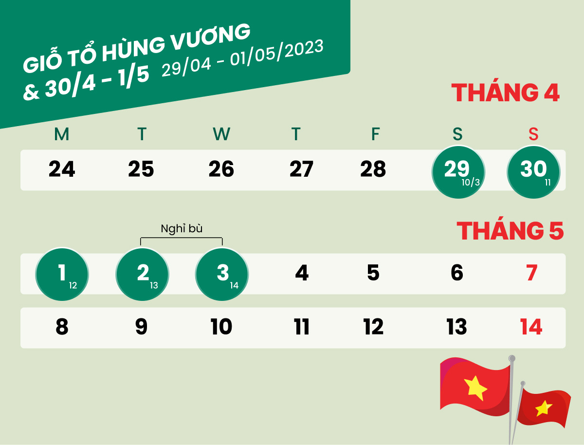 Lịch nghỉ Lễ Giỗ tổ Hùng Vương, nghỉ Lễ 30/4 và 1/5